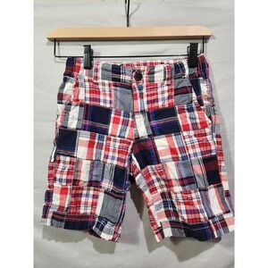 Gymboree Boys Sz 7 Patriotic Red Blue Prep Shorts Plaid Patchwork 4th Of‎ July